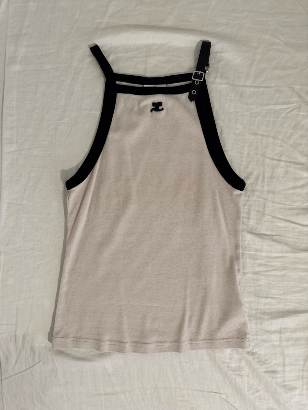 Courreges Cream Tank Top with Black Trim and Adjustable Buckle Strap